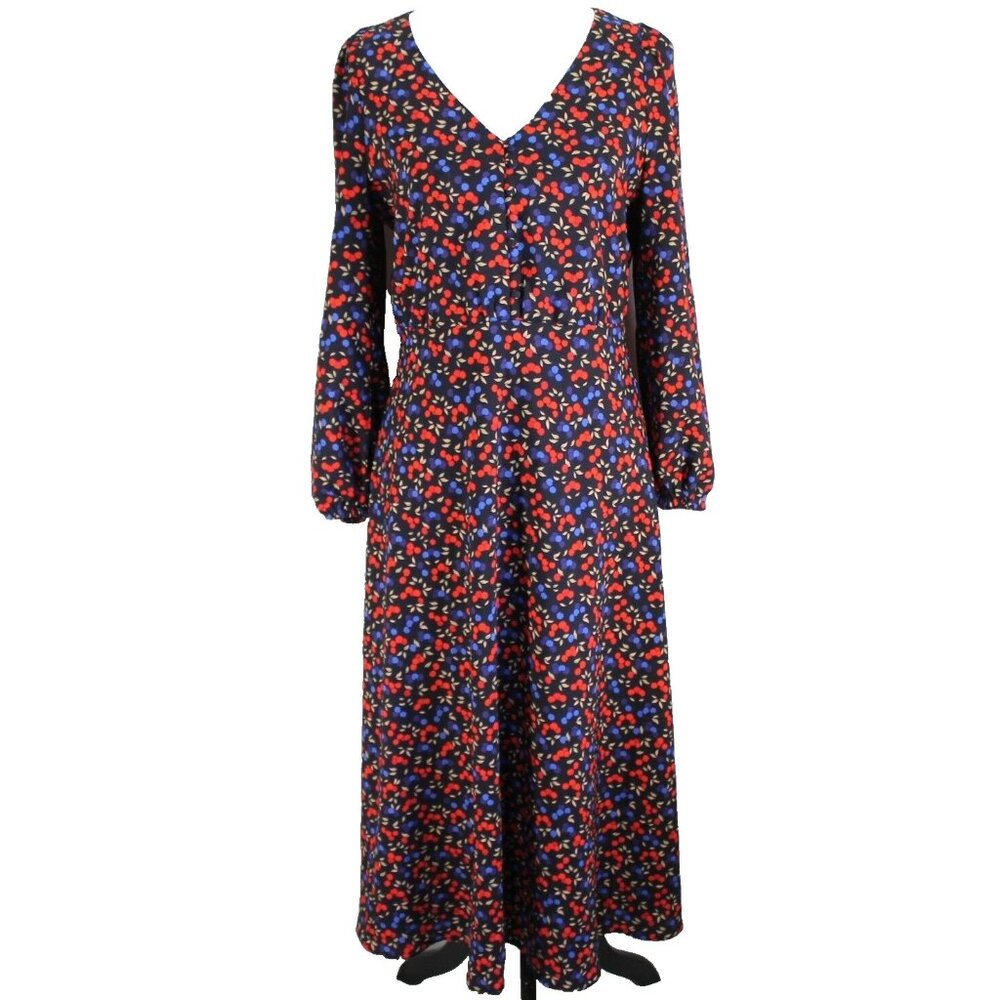 Ann Taylor Cherry Flare Midi Dress Women Size 6 Black Red Blue V Neck 3/4 Sleeve